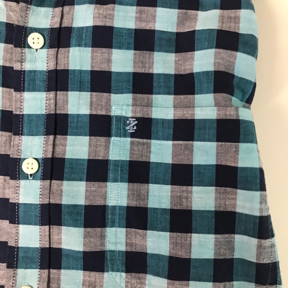 Izod Saltwater 100% Cotton Chambray Turquoise & Navy Checker US M Short Sleeve - Picture 2 of 6